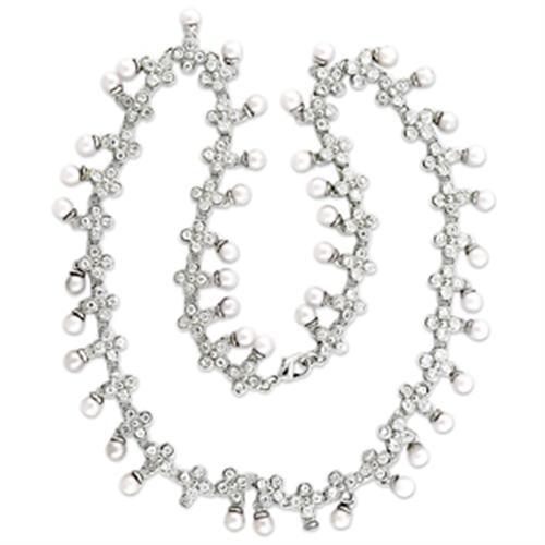 JCE405 Rhodium Brass Necklace with Synthetic Pearl in White