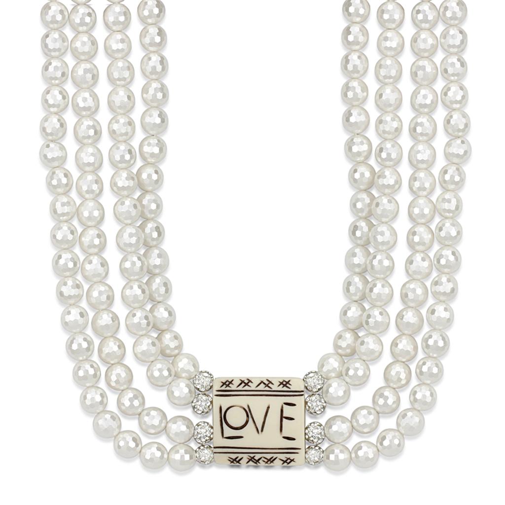 JCE3820 Antique Silver White Metal Necklace with Synthetic Glass Bead in White