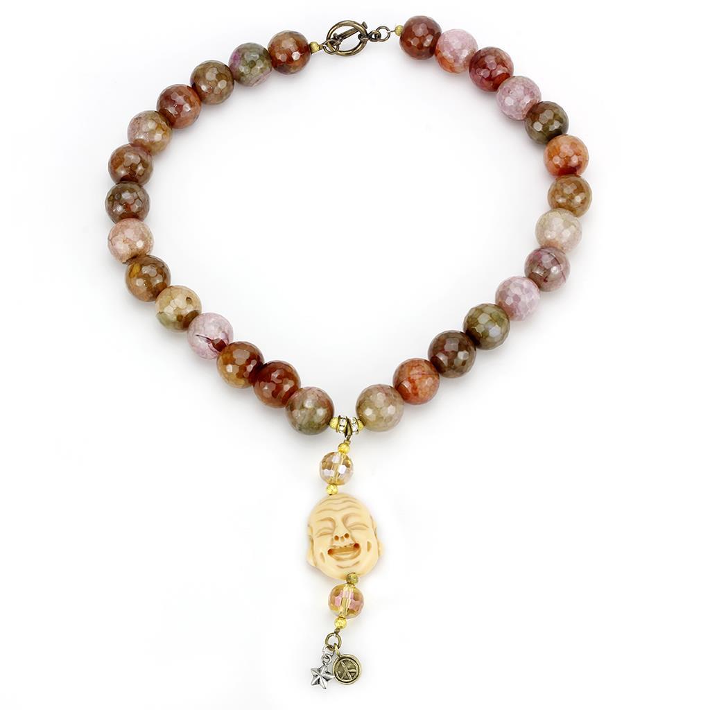 JCE4663 Antique Copper Brass Necklace with Semi-Precious Agate in Multi Color