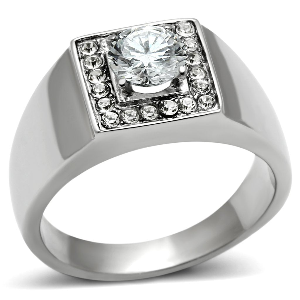 JCE483 High polished (no plating) Stainless Steel Ring with AAA Grade CZ  in Clear
