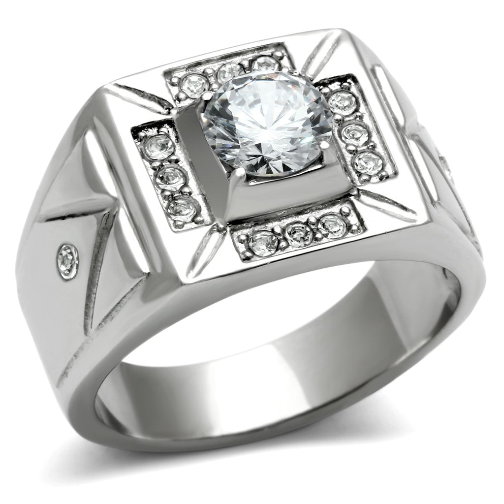 JCE486 High polished (no plating) Stainless Steel Ring with AAA Grade CZ  in Clear