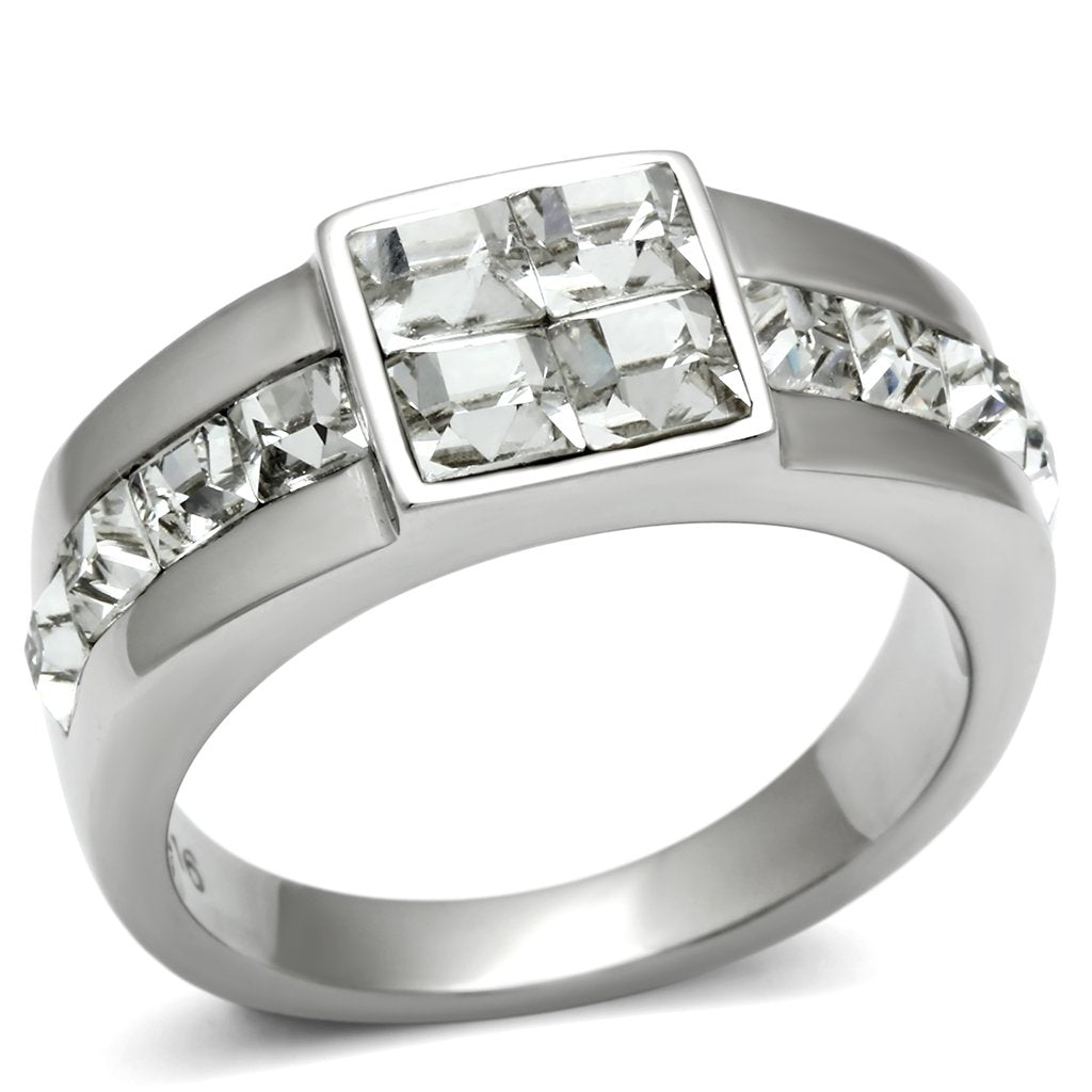 JCE487 High polished (no plating) Stainless Steel Ring with Top Grade Crystal  in Clear
