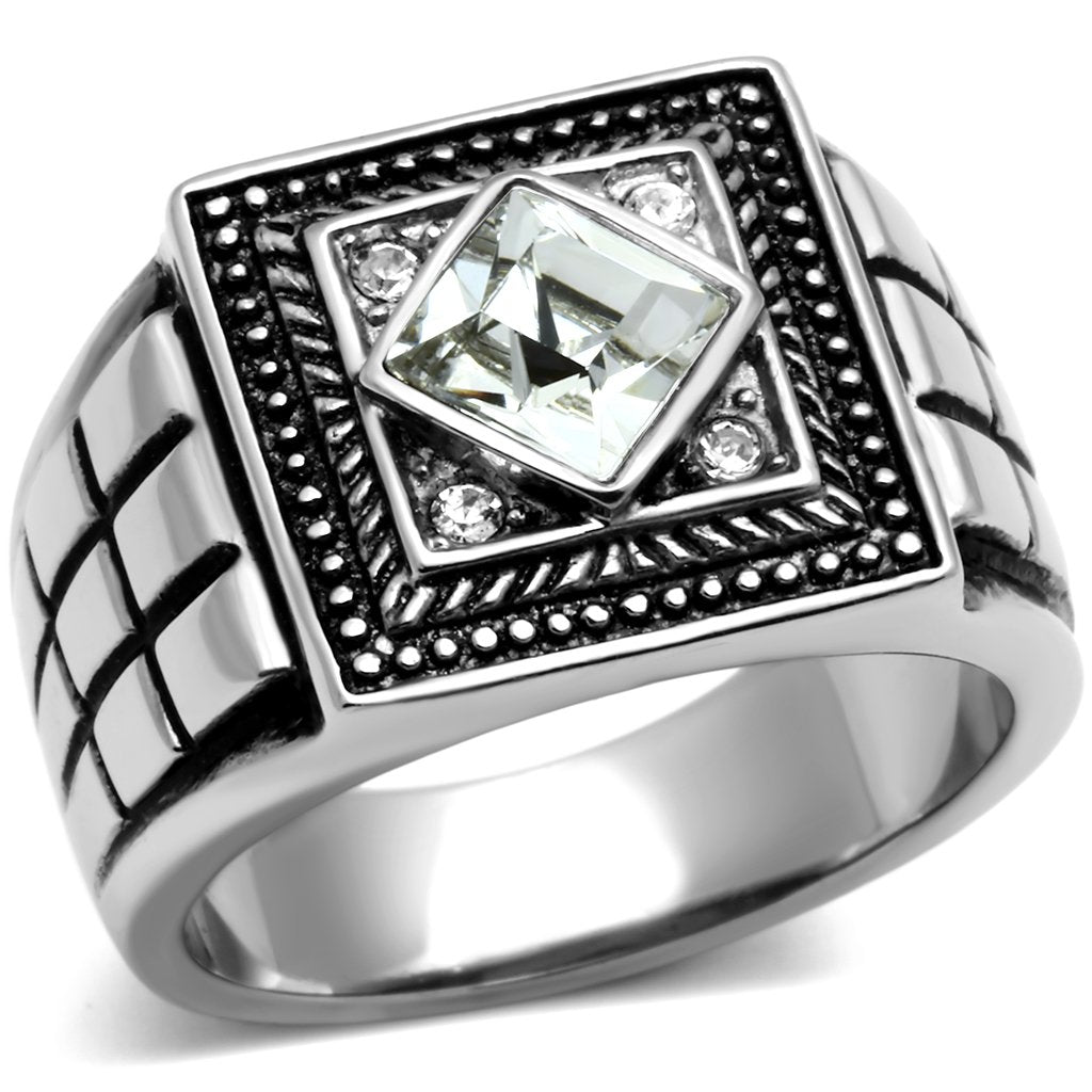 JCE589 High polished (no plating) Stainless Steel Ring with Top Grade Crystal  in Clear