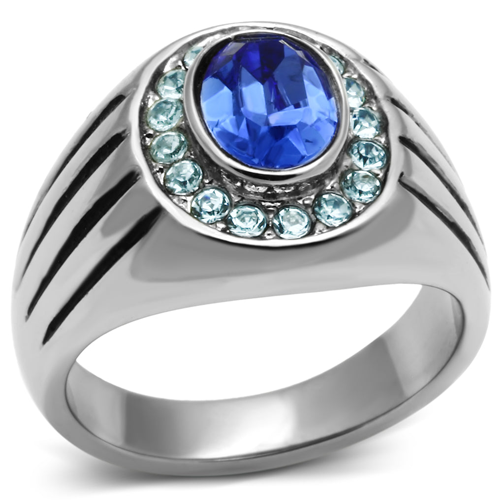 JCE601 High polished (no plating) Stainless Steel Ring with Top Grade Crystal  in Sapphire